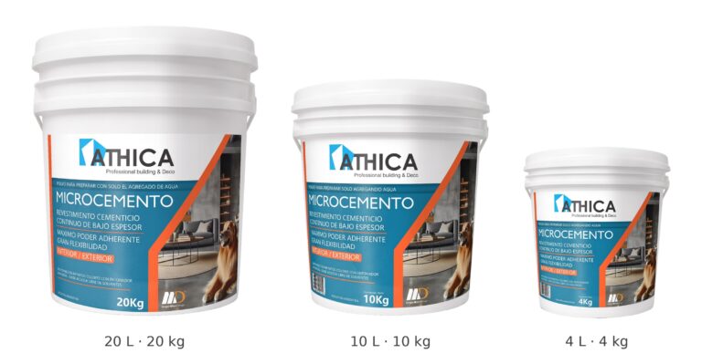 Athica Microcemento en baldes de 20 kg, 10 kg y 4 kg