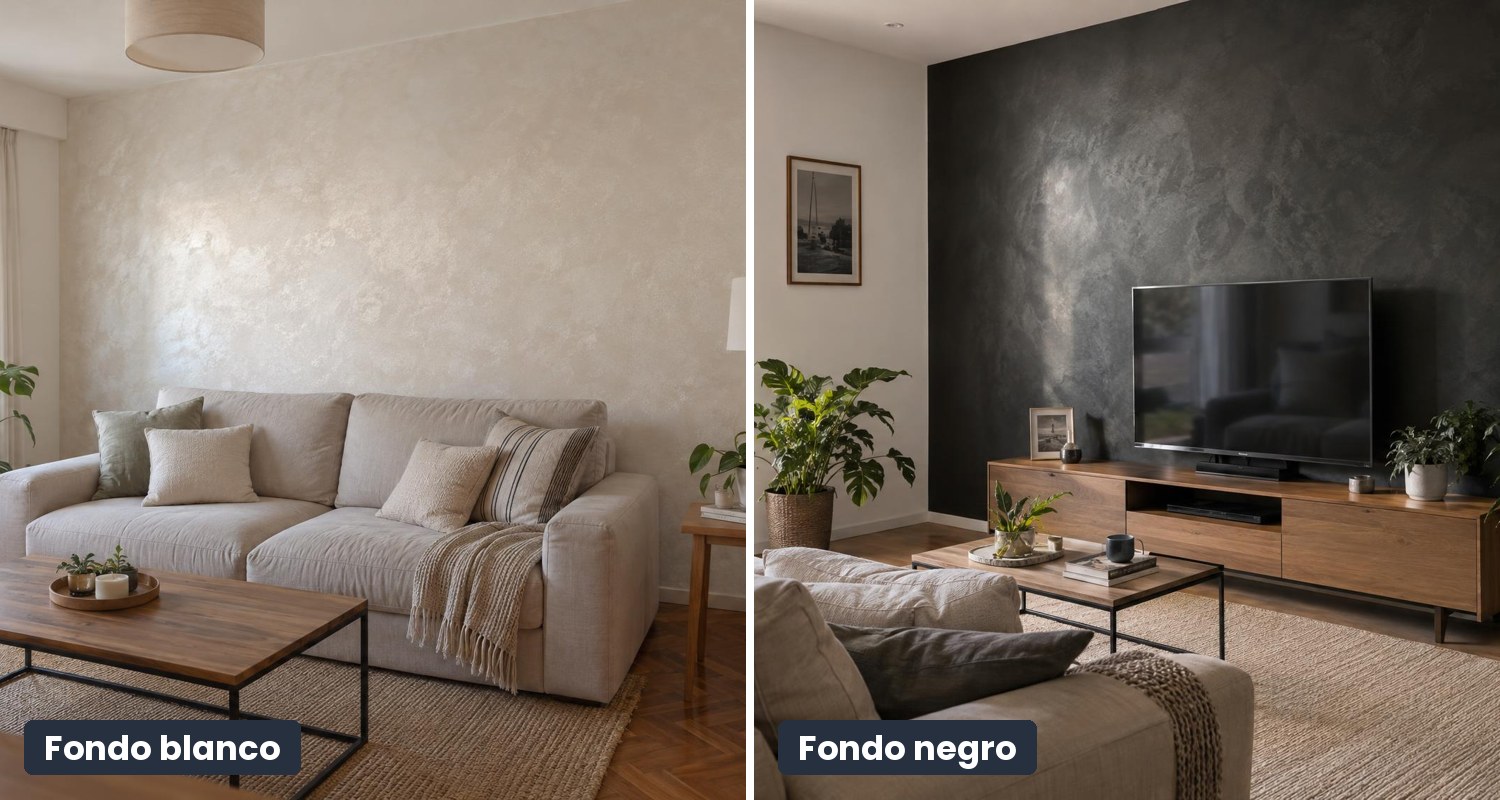 Ambientes con Decox Perla Sublime en fondo blanco y en fondo negro (visualización de ambiente)