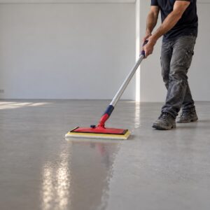 Aplicación de Finish SP con pad sobre piso de microcemento