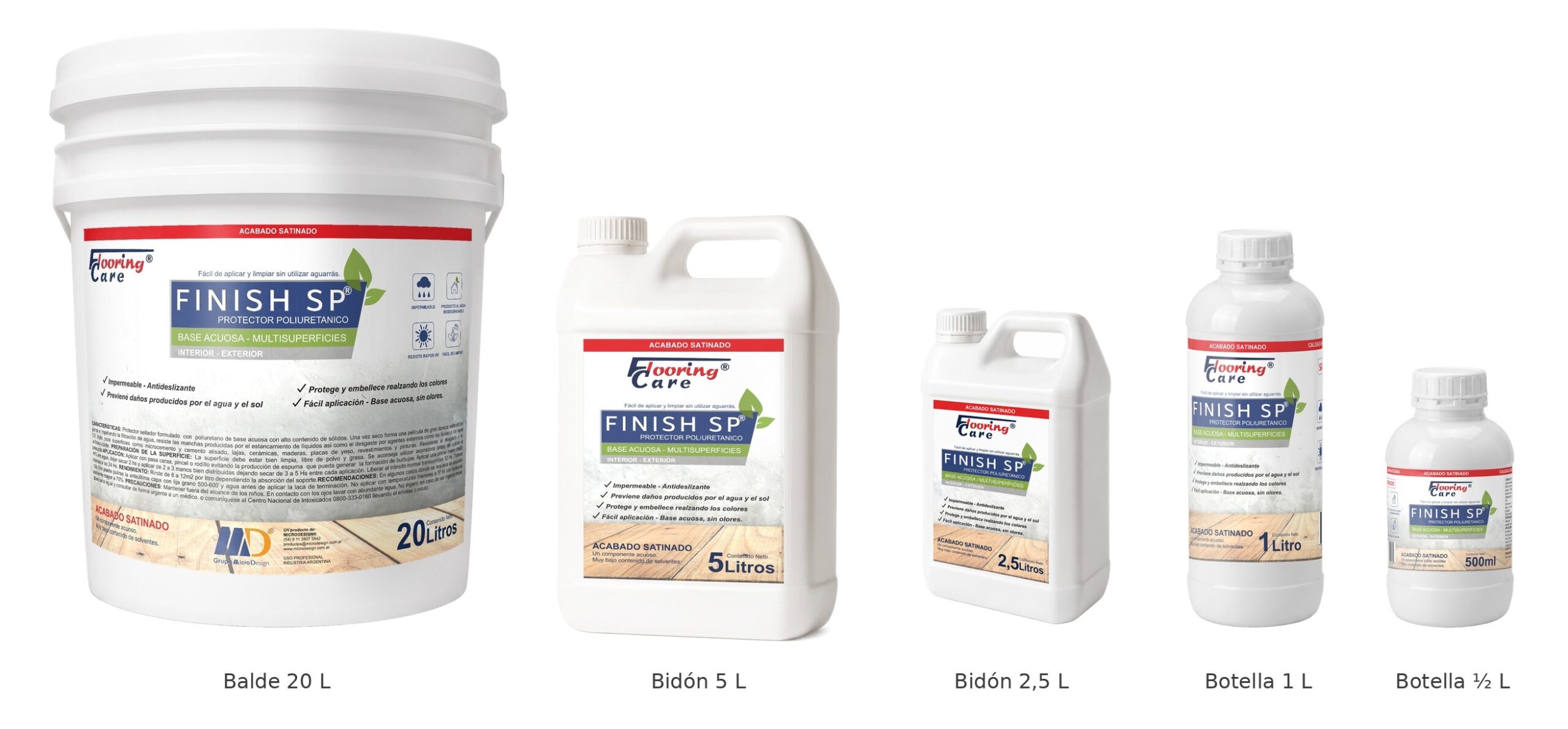 flooring-care-finish-sp-presentaciones-v2 Presentaciones de Finish SP Satinado: balde de 20 L, bidones de 5 L y 2,5 L, botellas de 1 L y ½ L