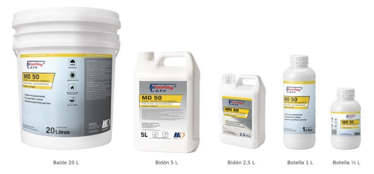 Primer MD50 en balde 20 L, bidón 5 L, bidón 2,5 L, botella 1 L y botella 500 ml