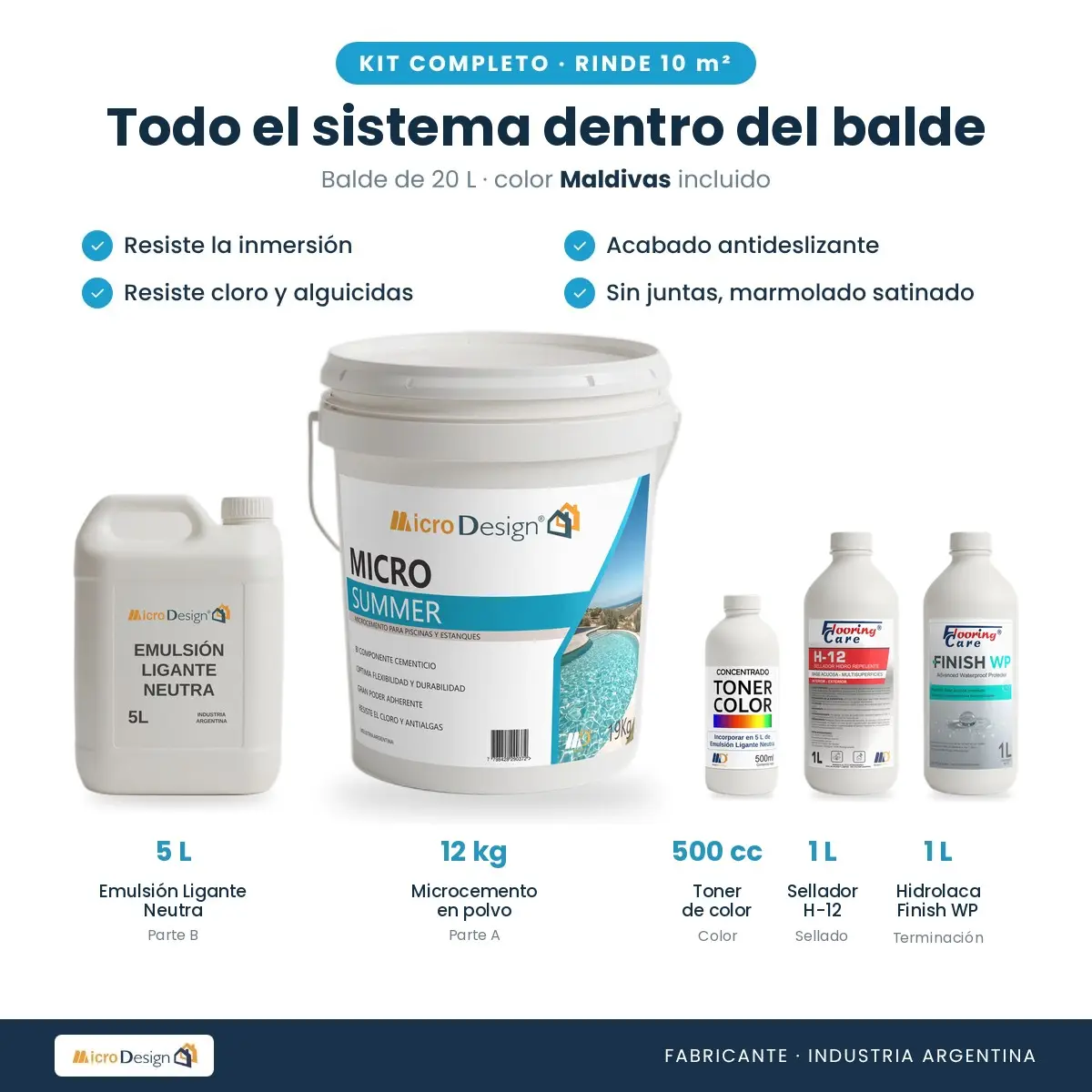 Contenido del kit Micro Summer: microcemento, emulsión, toner, Sellador H-12 e Hidrolaca Finish WP Contenido del kit Micro Summer: microcemento, emulsión, toner, Sellador H-12 e Hidrolaca Finish WP