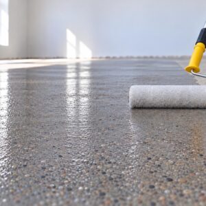 Primer MD50 aplicado con rodillo y palo extensor sobre piso de concreto: la zona imprimada se ve más oscura, como mojada
